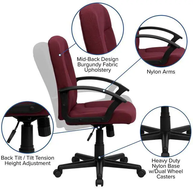 Alt view image 4 of 6 - Mid-Back Burgundy Fabric Executive Swivel Office Chair with Nylon Arms