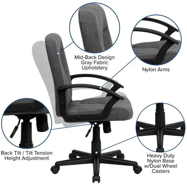 Alt view image 4 of 6 - Mid-Back Gray Fabric Executive Swivel Office Chair with Nylon Arms