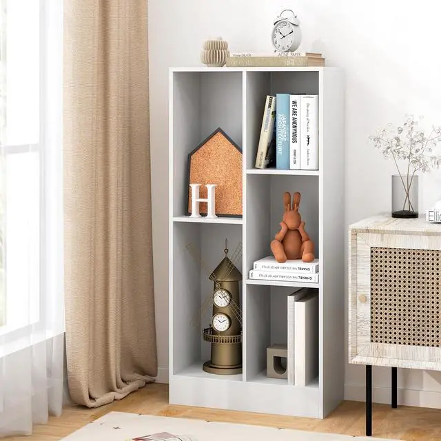 Alt view image 2 of 6 - 5-Cube Bookshelf, 41H Floor Bookcase with 2 Anti-Tipping Kits, Freestanding Storage Organizer, Home Office Display Shelf for Small Spaces, Dorms (1, White)