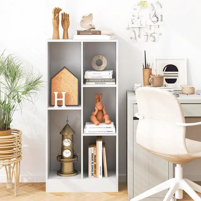 Alt view image 4 of 6 - 5-Cube Bookshelf, 41H Floor Bookcase with 2 Anti-Tipping Kits, Freestanding Storage Organizer, Home Office Display Shelf for Small Spaces, Dorms (1, White)