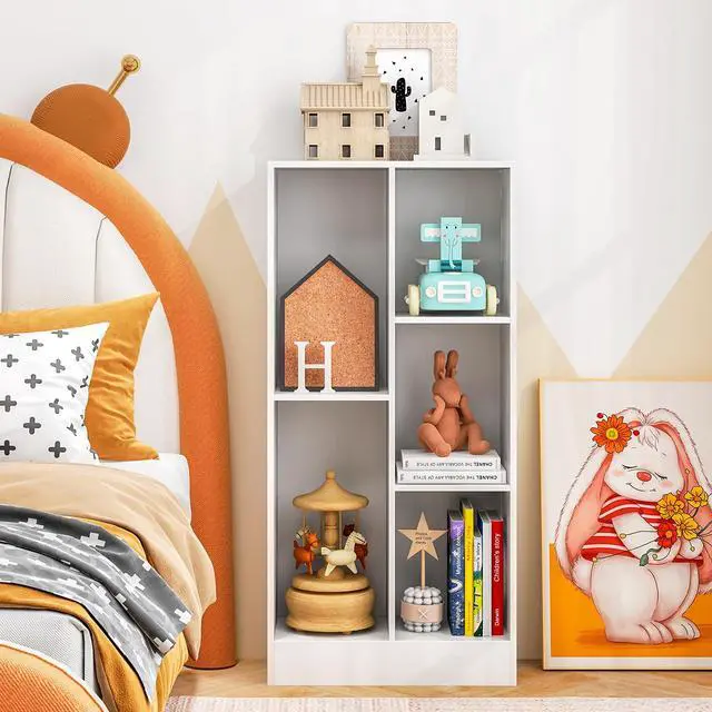 Alt view image 6 of 6 - 5-Cube Bookshelf, 41H Floor Bookcase with 2 Anti-Tipping Kits, Freestanding Storage Organizer, Home Office Display Shelf for Small Spaces, Dorms (1, White)