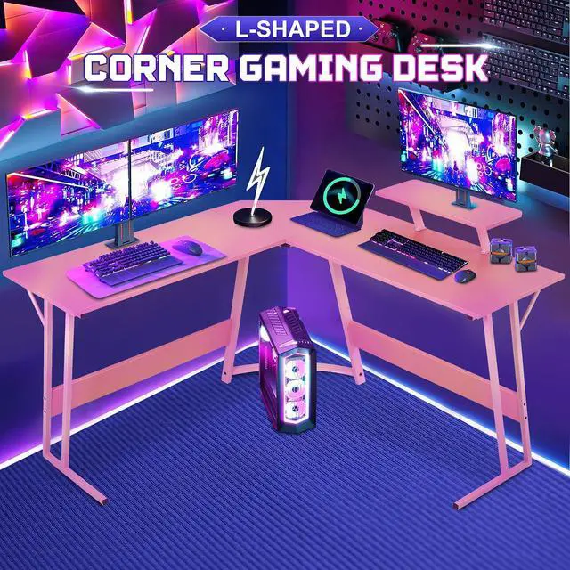 Alt view image 3 of 6 - L Shaped Gaming Desk with Monitor Riser Stand, Home Office Corner Desk for Studying, Working and Gaming, Large Desktop, Pink