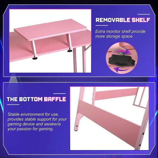 Alt view image 5 of 6 - L Shaped Gaming Desk with Monitor Riser Stand, Home Office Corner Desk for Studying, Working and Gaming, Large Desktop, Pink