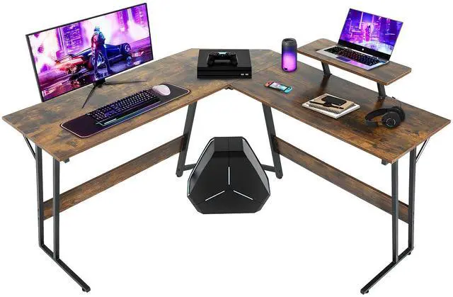 Main image of L Shaped Gaming Desk with Monitor Riser Stand, Home Office Corner Desk for Studying, Working and Gaming, Large Desktop, Brown