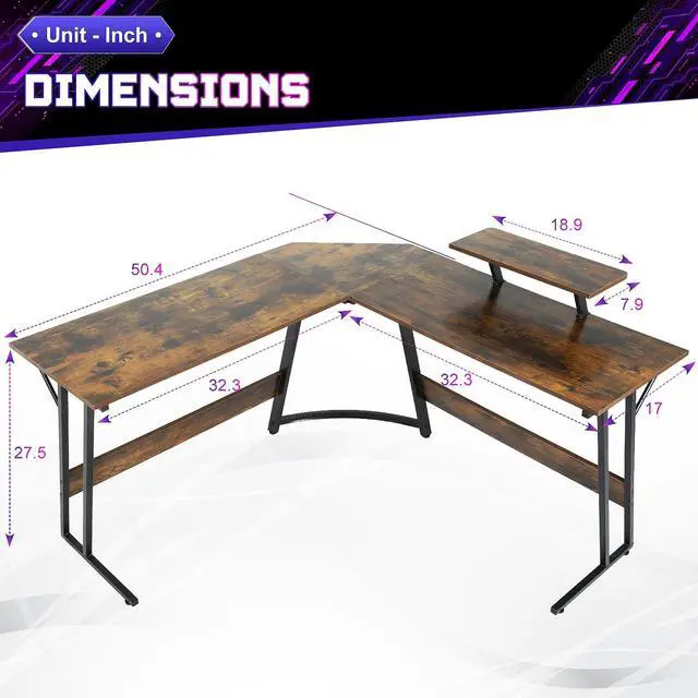 Alt view image 2 of 6 - L Shaped Gaming Desk with Monitor Riser Stand, Home Office Corner Desk for Studying, Working and Gaming, Large Desktop, Brown