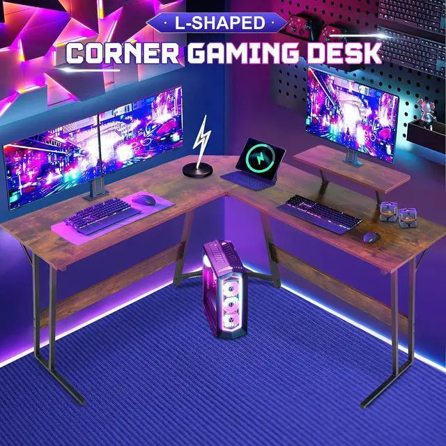 Alt view image 3 of 6 - L Shaped Gaming Desk with Monitor Riser Stand, Home Office Corner Desk for Studying, Working and Gaming, Large Desktop, Brown