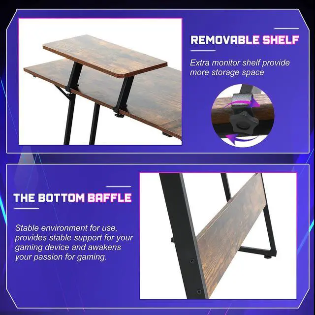 Alt view image 5 of 6 - L Shaped Gaming Desk with Monitor Riser Stand, Home Office Corner Desk for Studying, Working and Gaming, Large Desktop, Brown