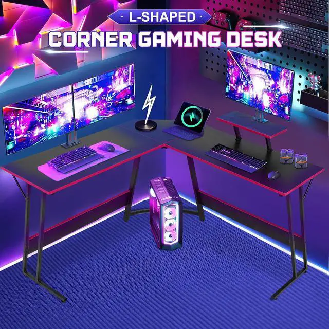 Alt view image 6 of 6 - L Shaped Gaming Desk with Monitor Riser Stand, Home Office Corner Desk for Studying, Working, Large Desktop, Black