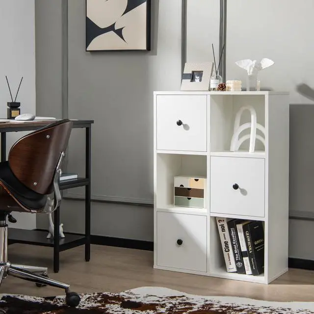 Alt view image 2 of 6 - 6-Cube Bookcase with Drawers, 3-Tier Freestanding Wooden Bookshelf with Anti-toppling Device, Wood Cube Storage Organizer for Kids Room, Living Room, Study, Bedroom, White