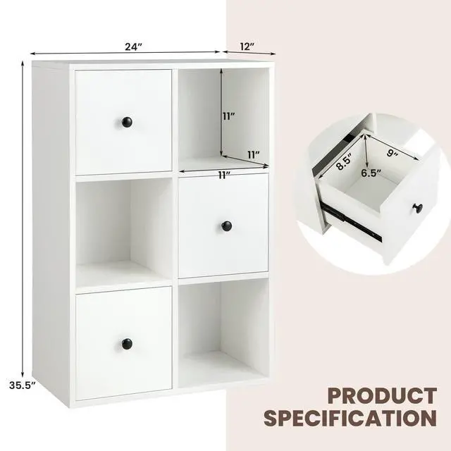 Alt view image 3 of 6 - 6-Cube Bookcase with Drawers, 3-Tier Freestanding Wooden Bookshelf with Anti-toppling Device, Wood Cube Storage Organizer for Kids Room, Living Room, Study, Bedroom, White