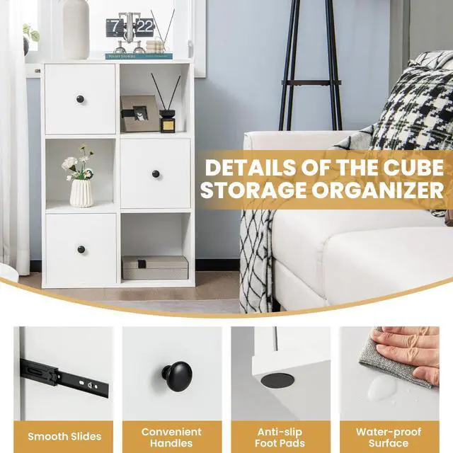 Alt view image 4 of 6 - 6-Cube Bookcase with Drawers, 3-Tier Freestanding Wooden Bookshelf with Anti-toppling Device, Wood Cube Storage Organizer for Kids Room, Living Room, Study, Bedroom, White