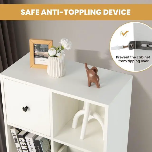 Alt view image 5 of 6 - 6-Cube Bookcase with Drawers, 3-Tier Freestanding Wooden Bookshelf with Anti-toppling Device, Wood Cube Storage Organizer for Kids Room, Living Room, Study, Bedroom, White