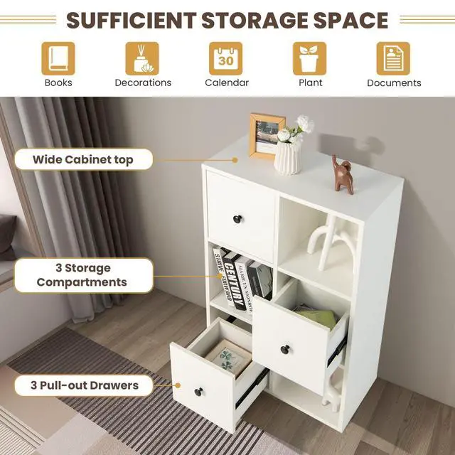 Alt view image 6 of 6 - 6-Cube Bookcase with Drawers, 3-Tier Freestanding Wooden Bookshelf with Anti-toppling Device, Wood Cube Storage Organizer for Kids Room, Living Room, Study, Bedroom, White