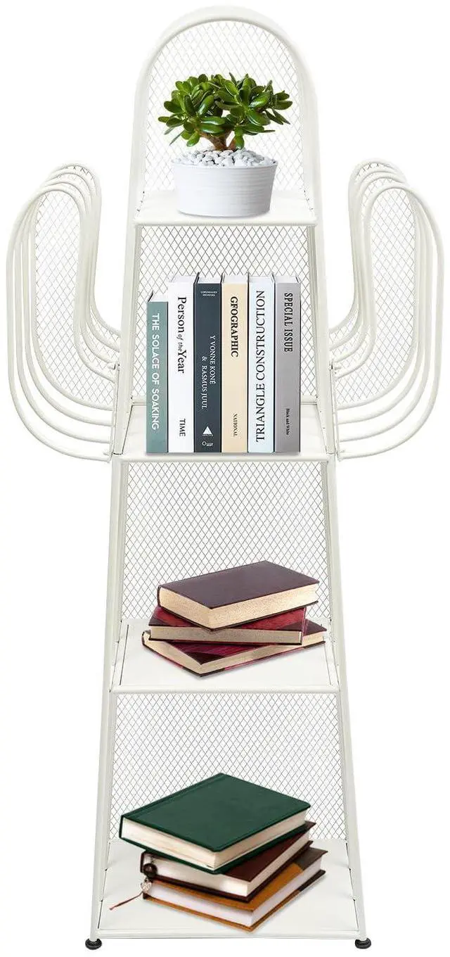 Main image of Cactus Bookshelf, 4 Tier Freestanding Cactus Shape Metal Hollow-out Bookshelfs, Creative Book Storage Shelf Organizer for Small Space Green Cactus Bookcase for Home Living Room Bedroom (White)