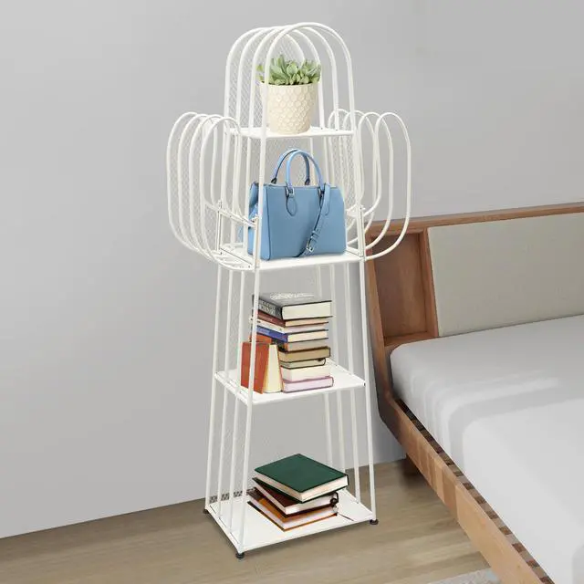 Alt view image 2 of 6 - Cactus Bookshelf, 4 Tier Freestanding Cactus Shape Metal Hollow-out Bookshelfs, Creative Book Storage Shelf Organizer for Small Space Green Cactus Bookcase for Home Living Room Bedroom (White)