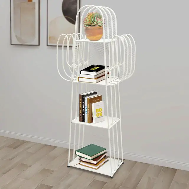 Alt view image 4 of 6 - Cactus Bookshelf, 4 Tier Freestanding Cactus Shape Metal Hollow-out Bookshelfs, Creative Book Storage Shelf Organizer for Small Space Green Cactus Bookcase for Home Living Room Bedroom (White)