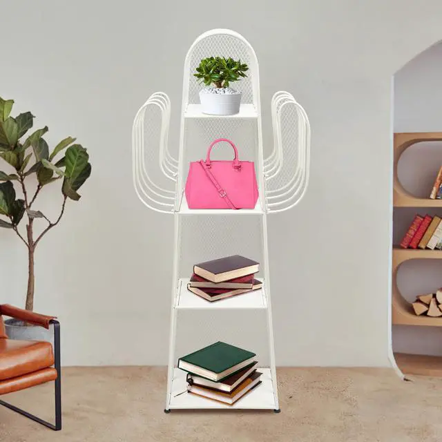 Alt view image 5 of 6 - Cactus Bookshelf, 4 Tier Freestanding Cactus Shape Metal Hollow-out Bookshelfs, Creative Book Storage Shelf Organizer for Small Space Green Cactus Bookcase for Home Living Room Bedroom (White)