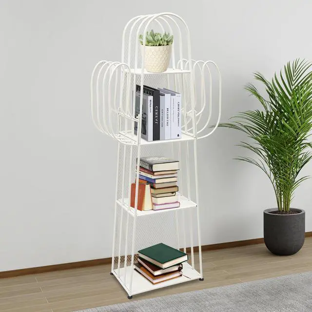 Alt view image 6 of 6 - Cactus Bookshelf, 4 Tier Freestanding Cactus Shape Metal Hollow-out Bookshelfs, Creative Book Storage Shelf Organizer for Small Space Green Cactus Bookcase for Home Living Room Bedroom (White)