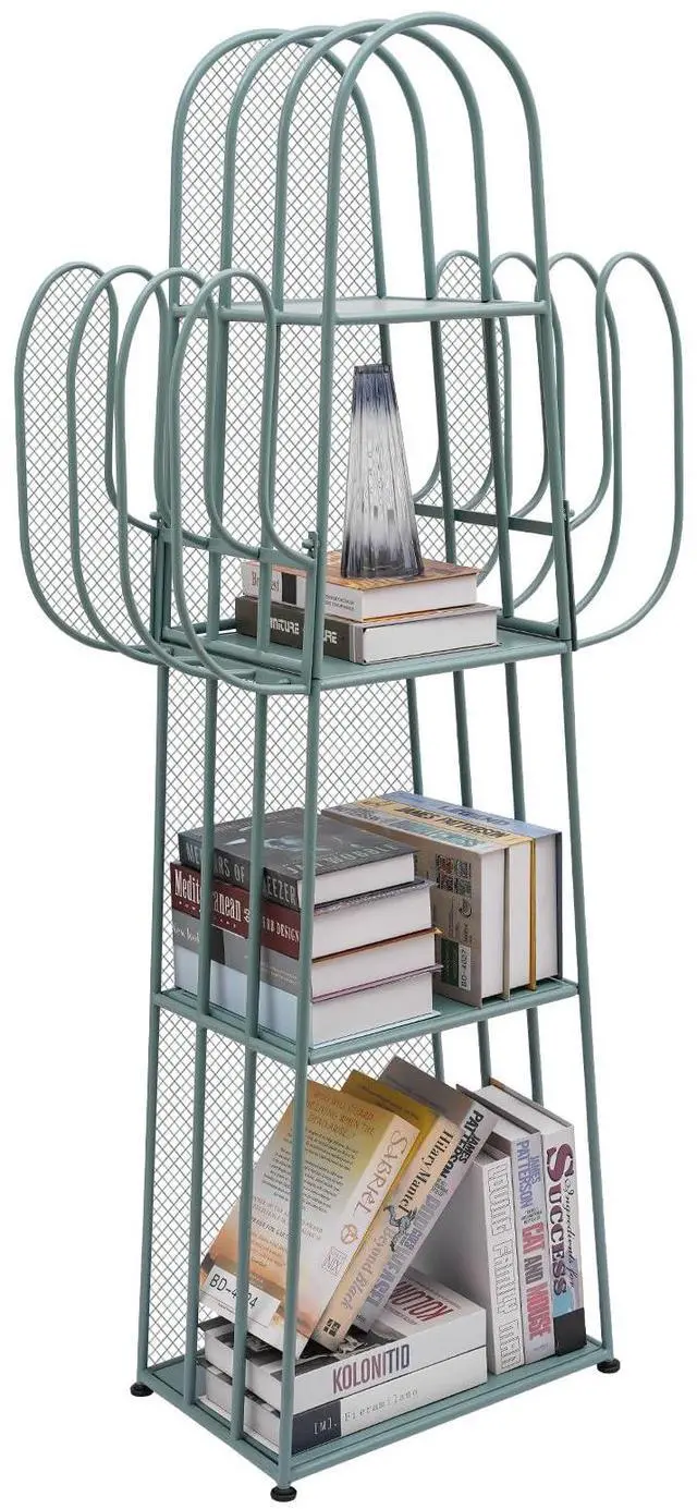 Main image of Cactus Bookshelf, 4 Tier Freestanding Cactus Shape Metal Hollow-out Bookshelfs, Creative Book Storage Shelf Organizer for Small Space Green Cactus Bookcase for Home Living Room Bedroom (Green)