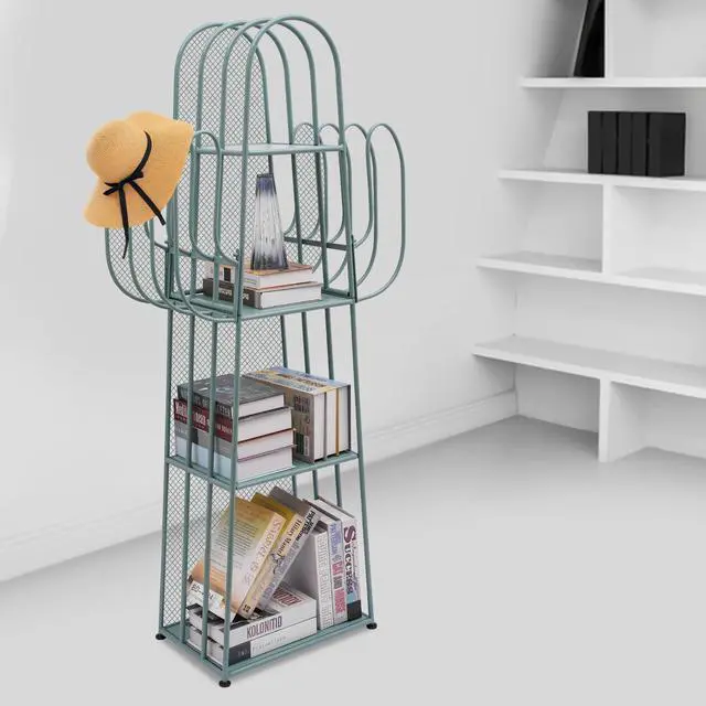 Alt view image 4 of 6 - Cactus Bookshelf, 4 Tier Freestanding Cactus Shape Metal Hollow-out Bookshelfs, Creative Book Storage Shelf Organizer for Small Space Green Cactus Bookcase for Home Living Room Bedroom (Green)