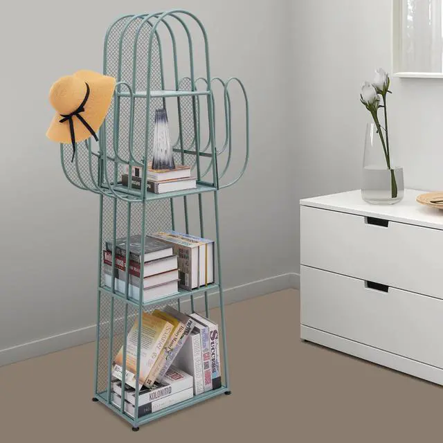 Alt view image 6 of 6 - Cactus Bookshelf, 4 Tier Freestanding Cactus Shape Metal Hollow-out Bookshelfs, Creative Book Storage Shelf Organizer for Small Space Green Cactus Bookcase for Home Living Room Bedroom (Green)