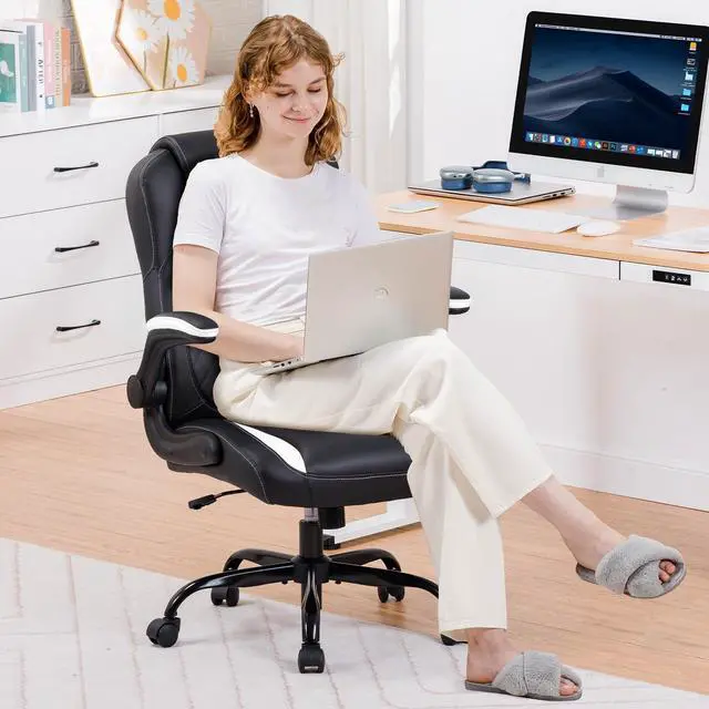 Alt view image 2 of 6 - Office Computer Gaming Chair Ergonomic Desk Chair for Adults with Lumbar Support Flip-Up Arms Adjustable Height Swivel Wheels PU Leather Executive Design for Short People Use, Deep White