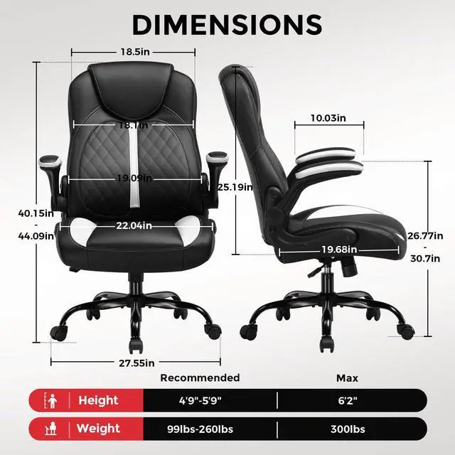 Alt view image 3 of 6 - Office Computer Gaming Chair Ergonomic Desk Chair for Adults with Lumbar Support Flip-Up Arms Adjustable Height Swivel Wheels PU Leather Executive Design for Short People Use, Deep White