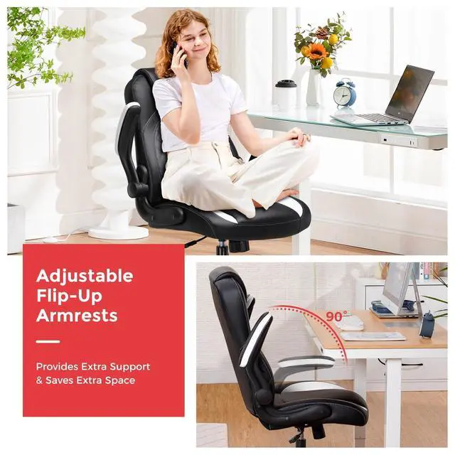 Alt view image 4 of 6 - Office Computer Gaming Chair Ergonomic Desk Chair for Adults with Lumbar Support Flip-Up Arms Adjustable Height Swivel Wheels PU Leather Executive Design for Short People Use, Deep White