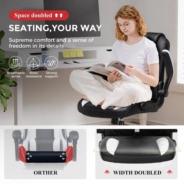Alt view image 5 of 6 - Office Computer Gaming Chair Ergonomic Desk Chair for Adults with Lumbar Support Flip-Up Arms Adjustable Height Swivel Wheels PU Leather Executive Design for Short People Use, Deep White