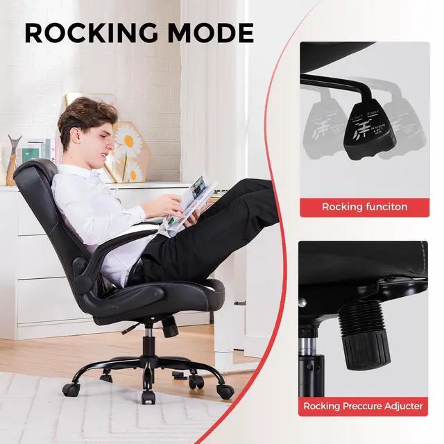 Alt view image 6 of 6 - Office Computer Gaming Chair Ergonomic Desk Chair for Adults with Lumbar Support Flip-Up Arms Adjustable Height Swivel Wheels PU Leather Executive Design for Short People Use, Deep White