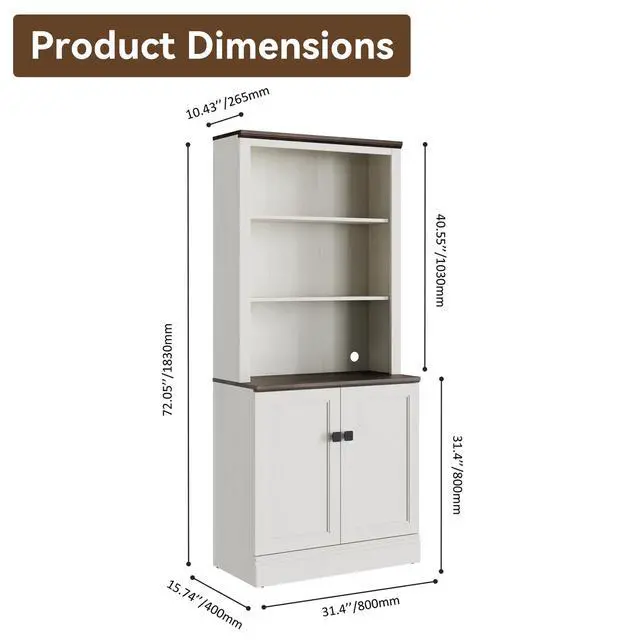 Alt view image 2 of 5 - 72in Tall Bookshelf 5 Tier Bookcase with Barn Doors and Adjustable Shelves, Farmhouse Book Shelf with Storage Cabinet, Wood Freestanding Display Bookshelves for Bedroom, Living Room