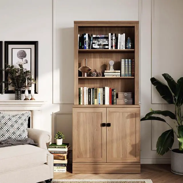 Main image of Farmhouse Bookcase with Doors, 72" Tall 5Tier Bookshelf with Adjustable Shelves & Storage Cabinet, Display Bookshelves for Living Room, Study, Home Office.Oak