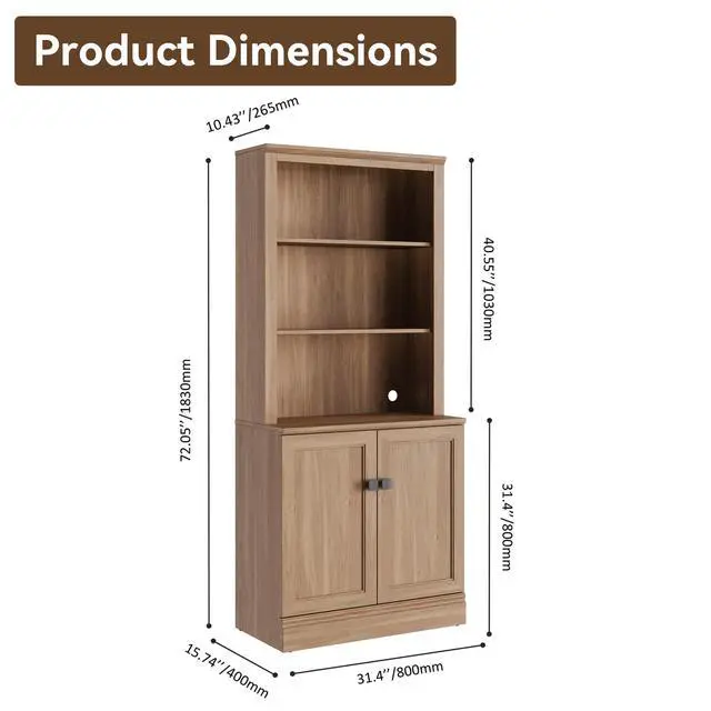 Alt view image 2 of 5 - Farmhouse Bookcase with Doors, 72" Tall 5Tier Bookshelf with Adjustable Shelves & Storage Cabinet, Display Bookshelves for Living Room, Study, Home Office.Oak