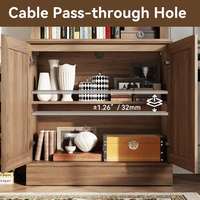 Alt view image 3 of 5 - Farmhouse Bookcase with Doors, 72" Tall 5Tier Bookshelf with Adjustable Shelves & Storage Cabinet, Display Bookshelves for Living Room, Study, Home Office.Oak