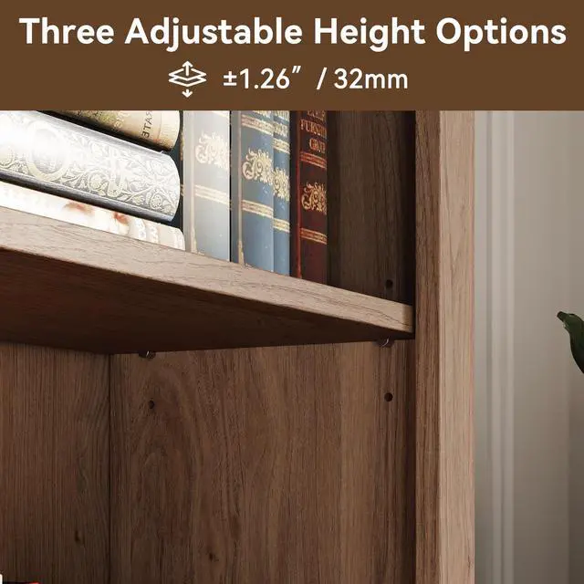 Alt view image 4 of 5 - Farmhouse Bookcase with Doors, 72" Tall 5Tier Bookshelf with Adjustable Shelves & Storage Cabinet, Display Bookshelves for Living Room, Study, Home Office.Oak