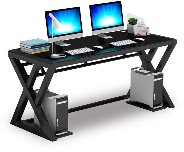 Main image of Tempered Glass Computer Desk, Modern Study Office Desk with Metal Frame and Glass Top, Writing Study Desk Table, Gaming Desk for Home Office Workstation (Black, 55.1 Inch)