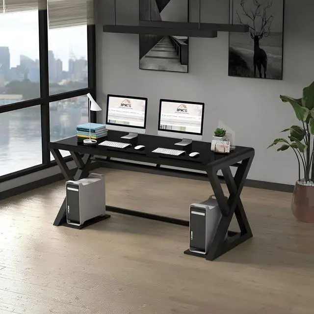 Alt view image 2 of 6 - Tempered Glass Computer Desk, Modern Study Office Desk with Metal Frame and Glass Top, Writing Study Desk Table, Gaming Desk for Home Office Workstation (Black, 55.1 Inch)
