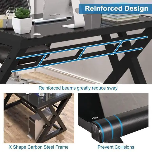 Alt view image 4 of 6 - Tempered Glass Computer Desk, Modern Study Office Desk with Metal Frame and Glass Top, Writing Study Desk Table, Gaming Desk for Home Office Workstation (Black, 55.1 Inch)