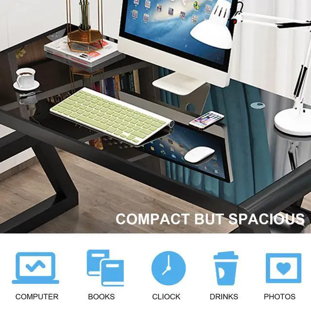 Alt view image 5 of 6 - Tempered Glass Computer Desk, Modern Study Office Desk with Metal Frame and Glass Top, Writing Study Desk Table, Gaming Desk for Home Office Workstation (Black, 55.1 Inch)