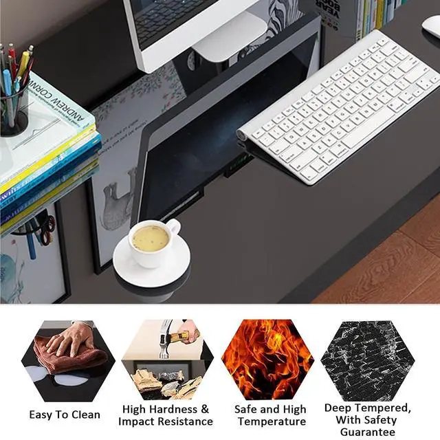 Alt view image 6 of 6 - Tempered Glass Computer Desk, Modern Study Office Desk with Metal Frame and Glass Top, Writing Study Desk Table, Gaming Desk for Home Office Workstation (Black, 55.1 Inch)