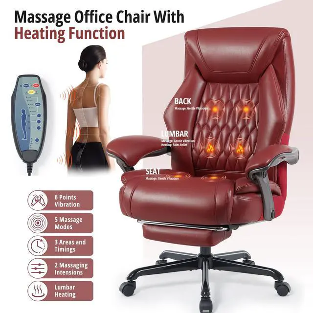 Alt view image 3 of 6 - Massage Office Chair with Heat & Footrest, Ergonomic Reclining Executive Desk Chairs with 6-Point Vibration, PU Leather Computer Chair for Home Office or Gaming