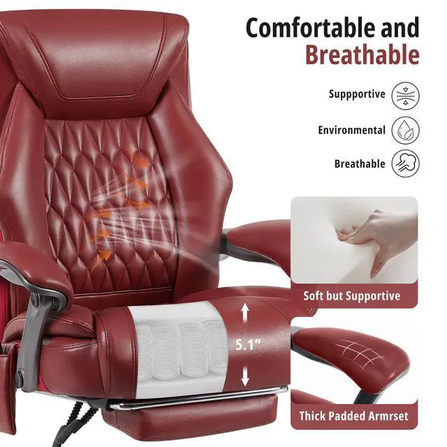 Alt view image 4 of 6 - Massage Office Chair with Heat & Footrest, Ergonomic Reclining Executive Desk Chairs with 6-Point Vibration, PU Leather Computer Chair for Home Office or Gaming