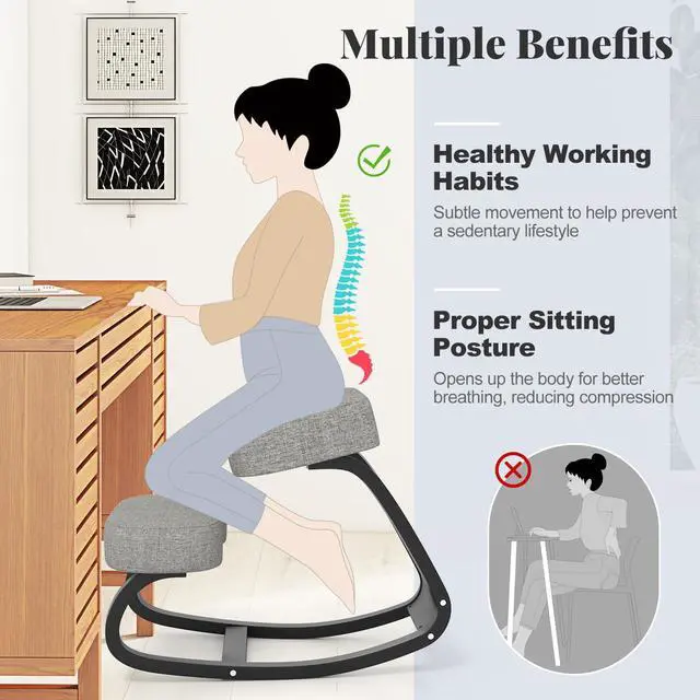 Alt view image 4 of 6 - Ergonomic Kneeling Desk Chair, Upright Posture Chair with Cushion & Solid Wood Frame, Natural Relief for Neck or Back Pain, Wooden Knee Chair for Home Office (2)