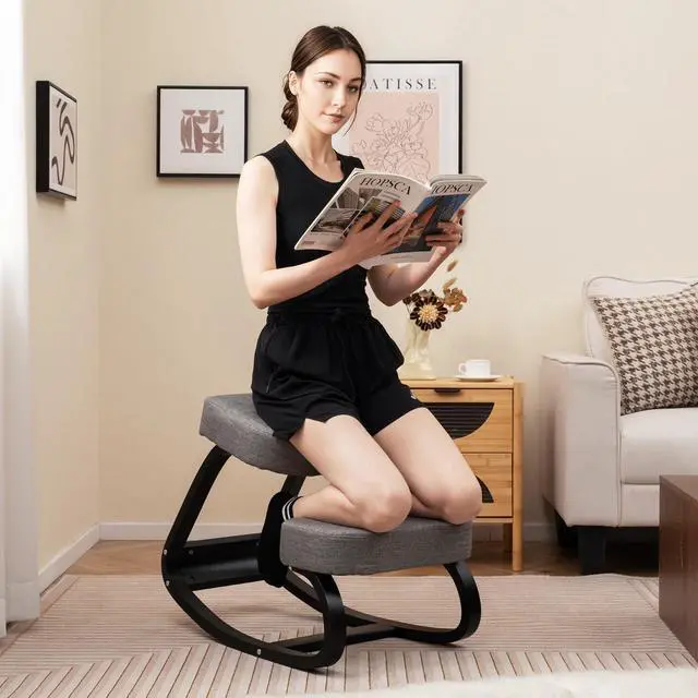 Alt view image 4 of 6 - Ergonomic Kneeling Desk Chair, Upright Posture Chair with Cushion & Solid Wood Frame, Natural Relief for Neck or Back Pain, Wooden Knee Chair for Home Office (1)