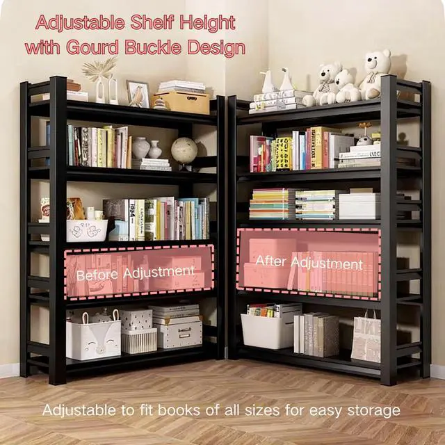 Alt view image 3 of 6 - 20" W*44" H Book Shelf,4 Tier Metal Wide Bookshelf,Heavy Duty Book Shelfs,Adjustable Shelving Unit,Tall Bookcase,Industrial Bookshelf for Living Room,Bedroom,Office and Library