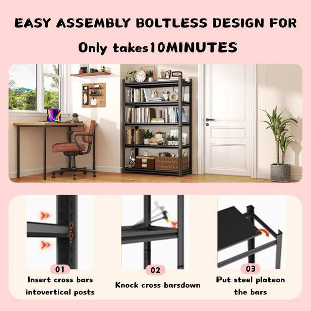 Alt view image 4 of 6 - 20" W*44" H Book Shelf,4 Tier Metal Wide Bookshelf,Heavy Duty Book Shelfs,Adjustable Shelving Unit,Tall Bookcase,Industrial Bookshelf for Living Room,Bedroom,Office and Library