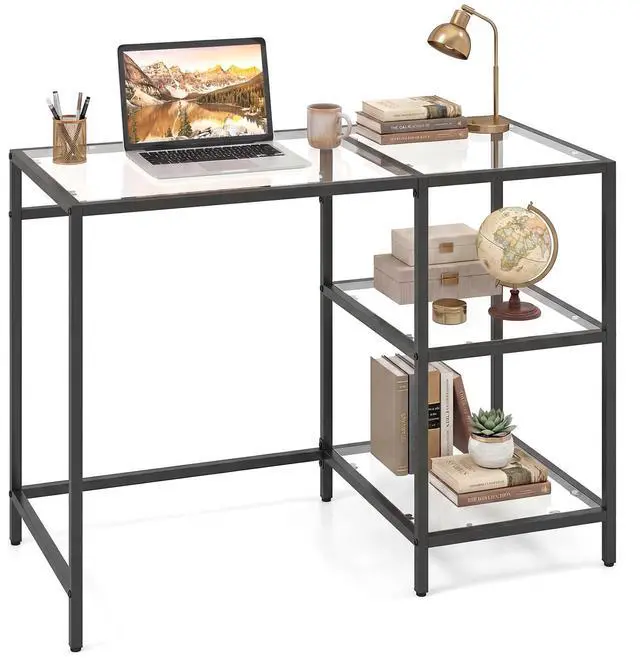 Main image of Computer Desk, 42 Inch Home Office Desk with Tempered Glass, Storage Shelves & Metal Frame, Modern Work PC Desk, Study Writing Table for Small Space, Black