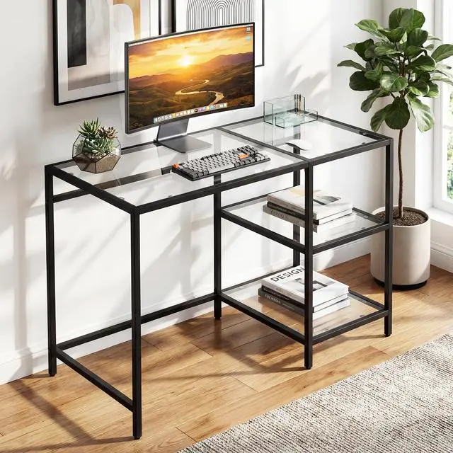 Alt view image 2 of 6 - Computer Desk, 42 Inch Home Office Desk with Tempered Glass, Storage Shelves & Metal Frame, Modern Work PC Desk, Study Writing Table for Small Space, Black