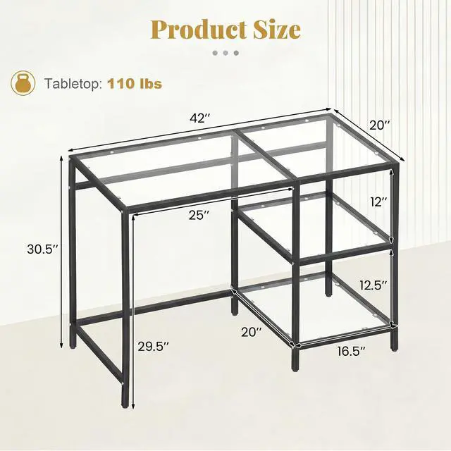 Alt view image 3 of 6 - Computer Desk, 42 Inch Home Office Desk with Tempered Glass, Storage Shelves & Metal Frame, Modern Work PC Desk, Study Writing Table for Small Space, Black