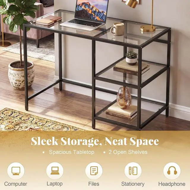 Alt view image 4 of 6 - Computer Desk, 42 Inch Home Office Desk with Tempered Glass, Storage Shelves & Metal Frame, Modern Work PC Desk, Study Writing Table for Small Space, Black